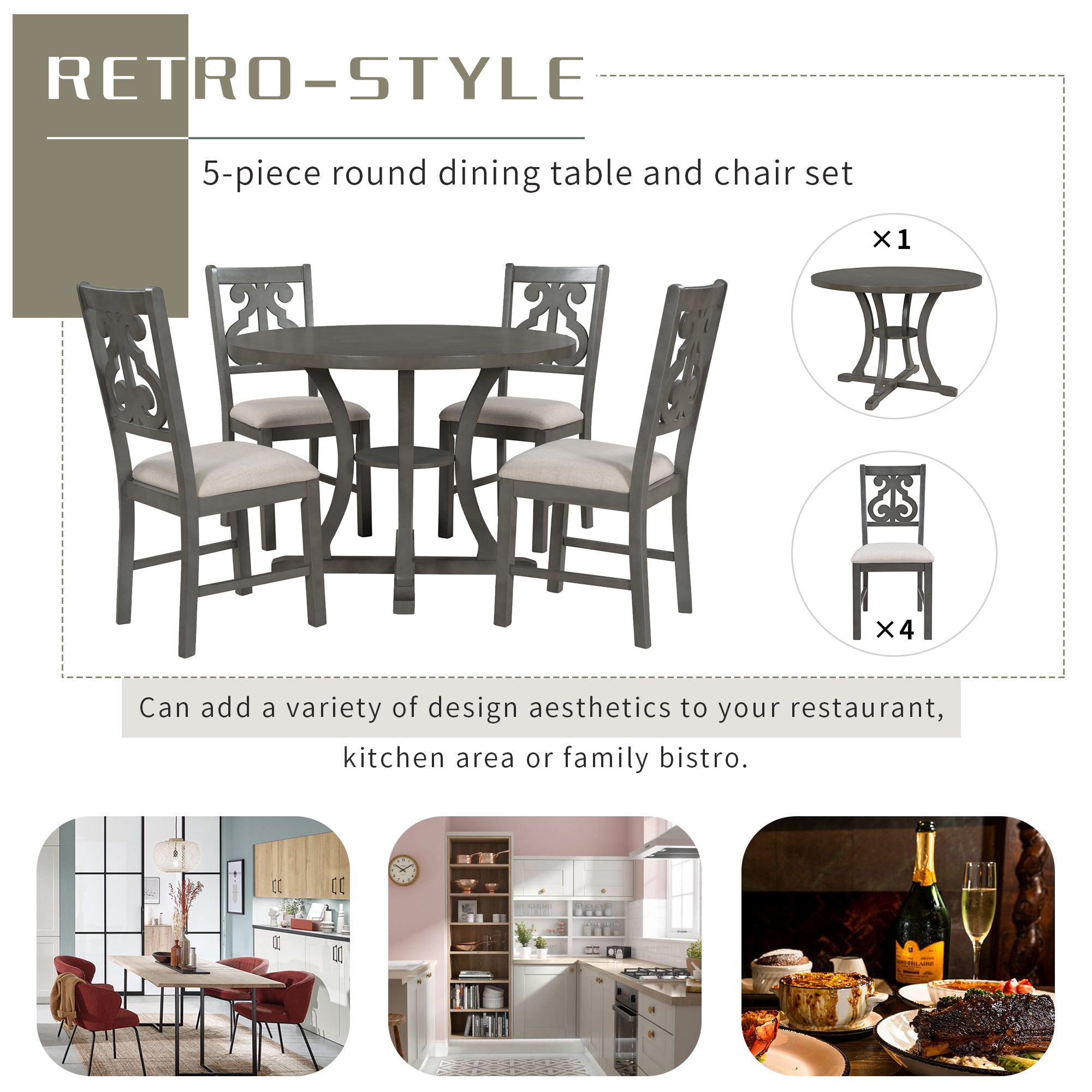 5-Pc Round Dining Set w/ Hollow Back Chairs (Gray)
