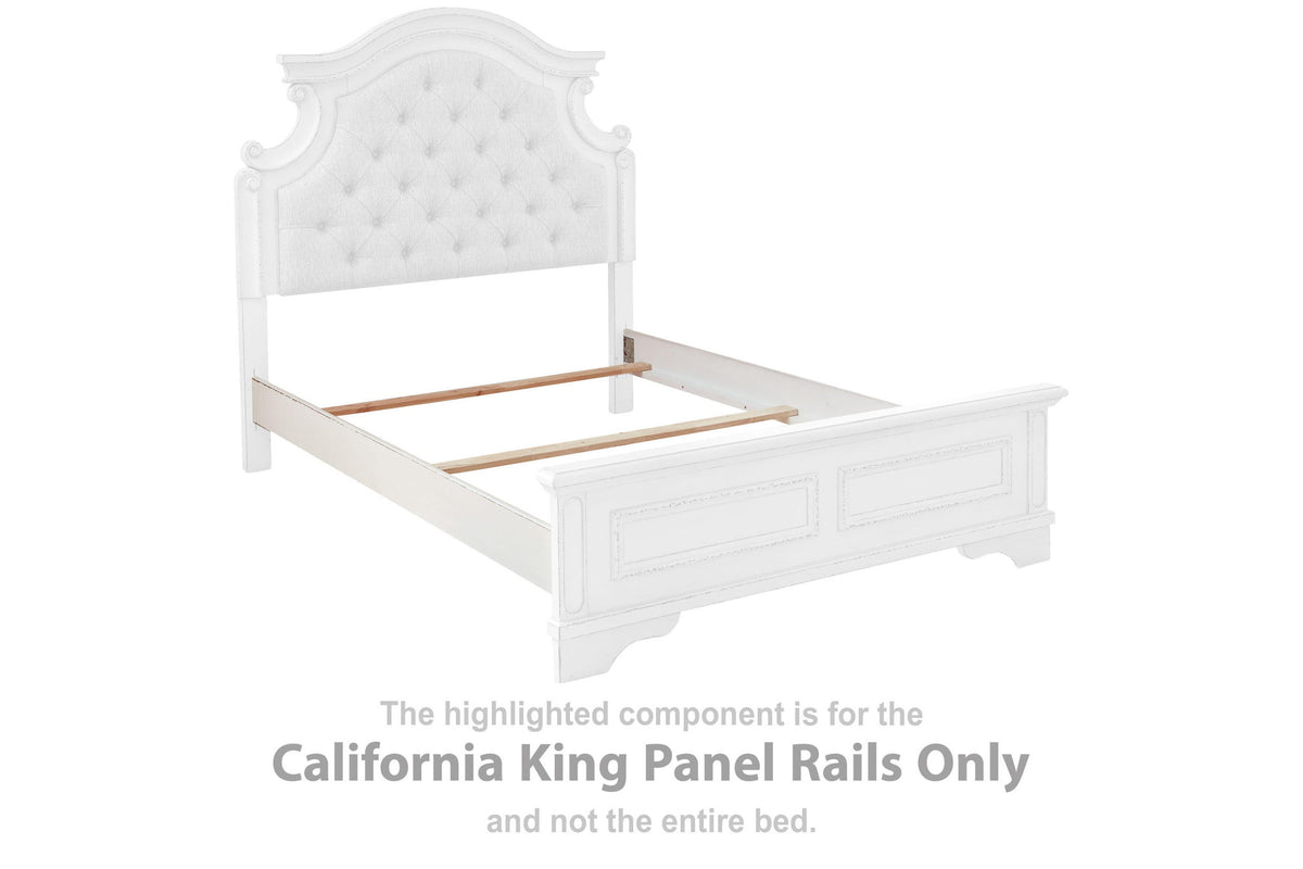 Chipped white California King panel rails with carved bed-frame detailing
