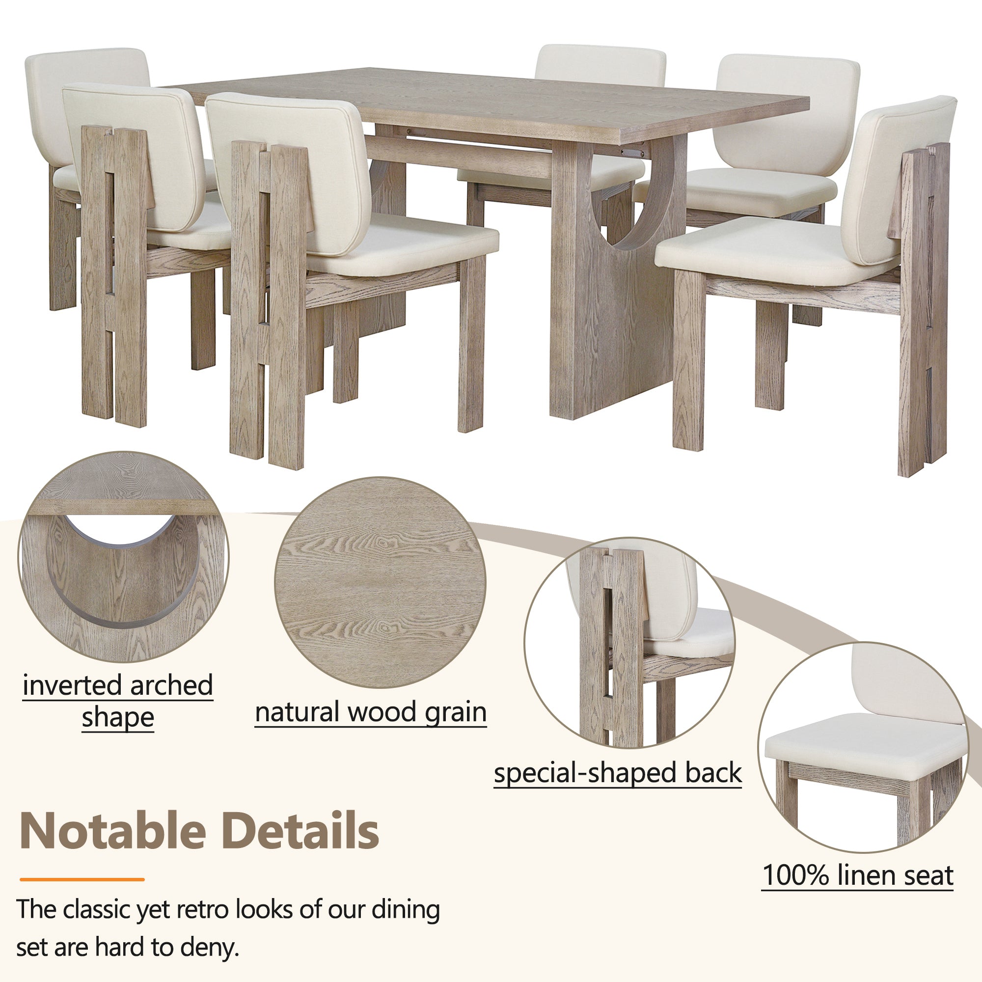 7-Pc Retro Dining Set w/ Chairs (Natural Wood)
