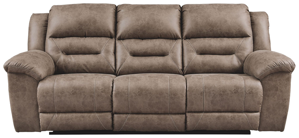 Taupe-gray power reclining sofa with padded arms and segmented back cushions.