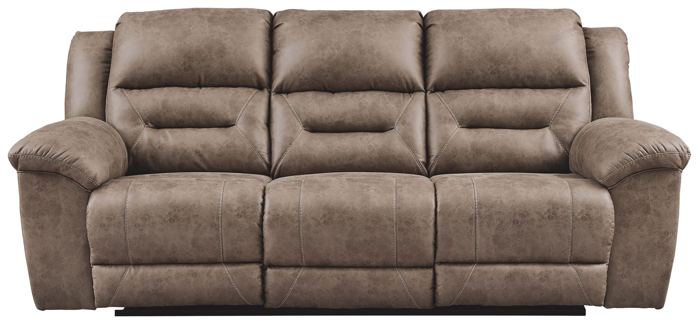 Taupe-gray power reclining sofa with padded arms and segmented back cushions.