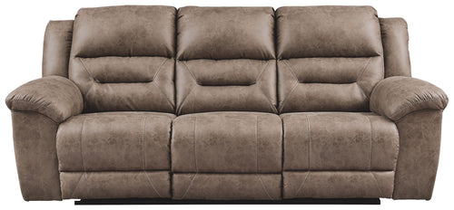 Taupe-gray power reclining sofa with padded arms and segmented back cushions.
