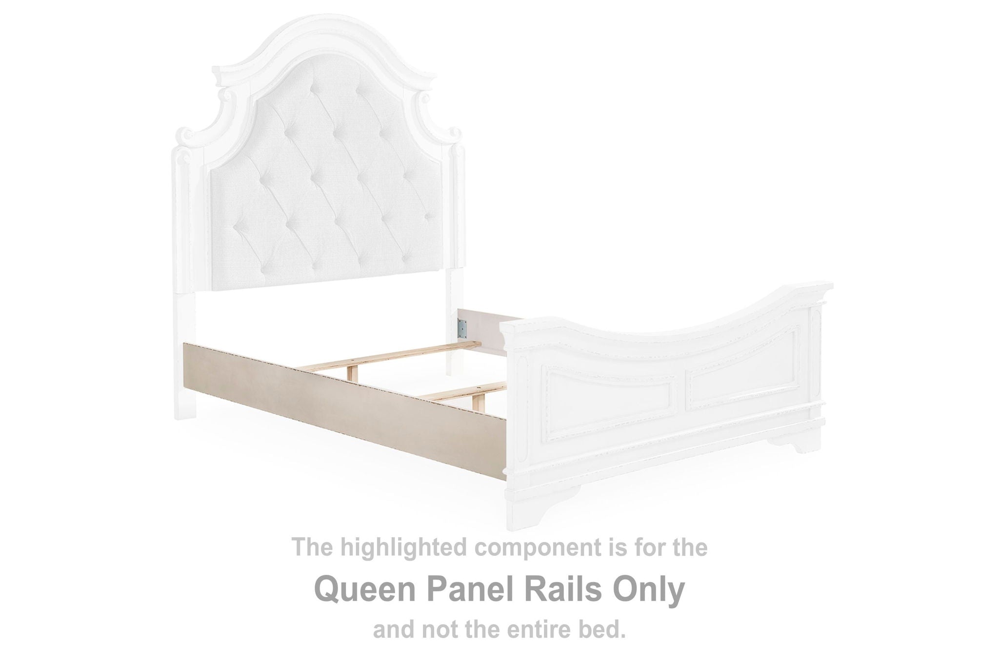 Queen panel rails in chipped white, decorative raised panel design.