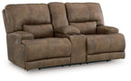 Earth-tone power reclining loveseat with adjustable headrests and center console, cushioned fabric
