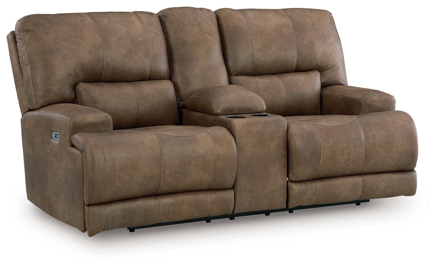 Earth-tone power reclining loveseat with adjustable headrests and center console, cushioned fabric