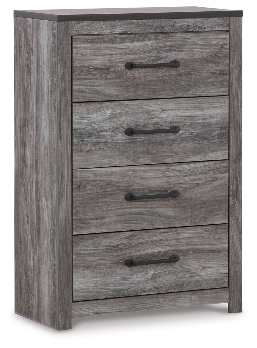 Gray wood four-drawer chest with dark metal bar pulls and rectangular drawer fronts