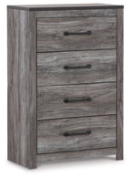 Gray wood four-drawer chest with dark metal bar pulls and rectangular drawer fronts
