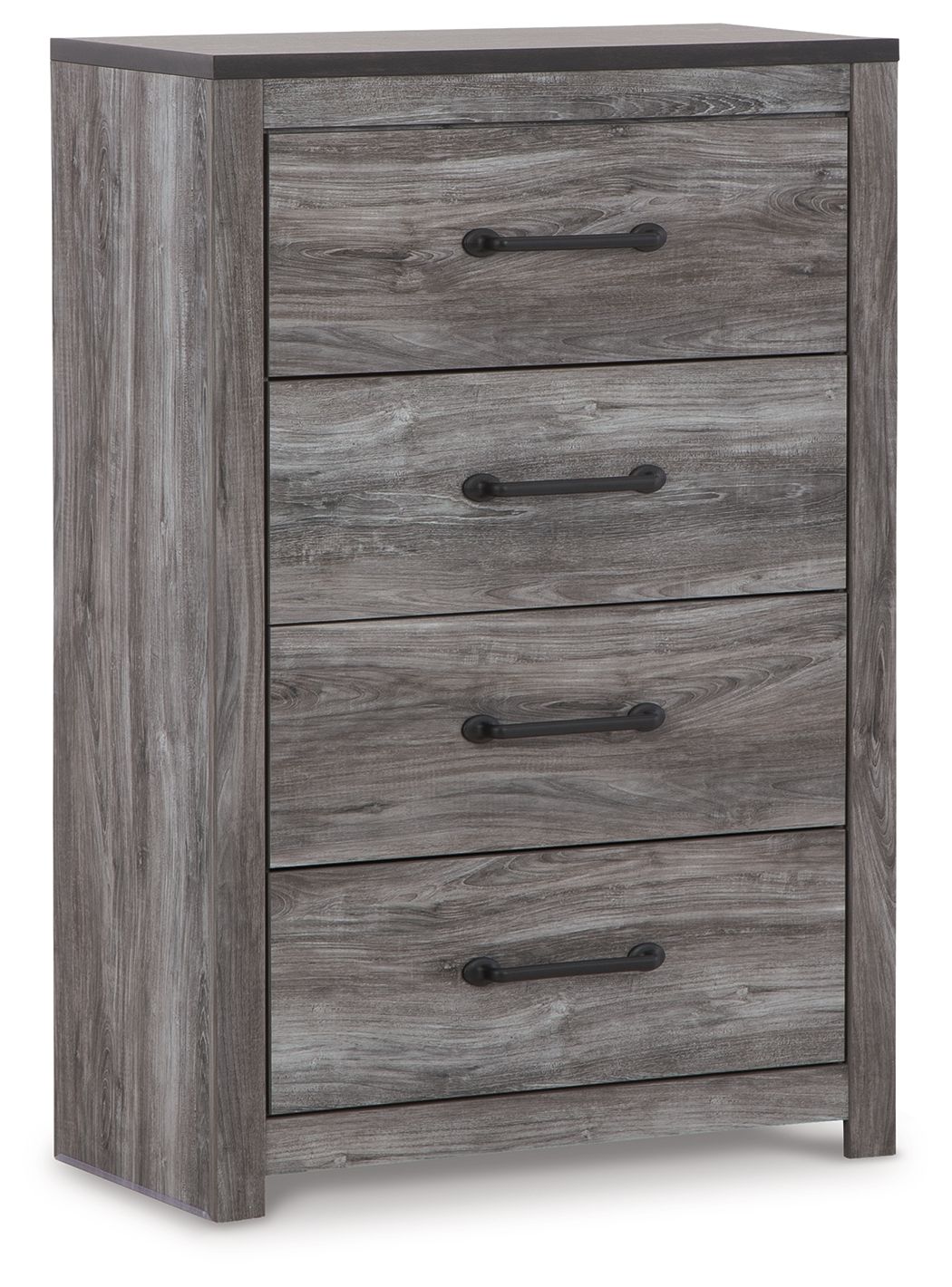Gray wood four-drawer chest with dark metal bar pulls and rectangular drawer fronts