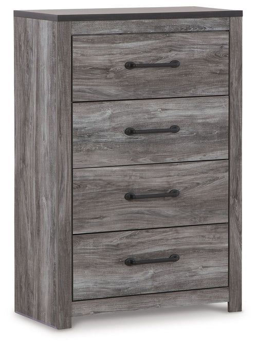 Gray wood four-drawer chest with dark metal bar pulls and rectangular drawer fronts