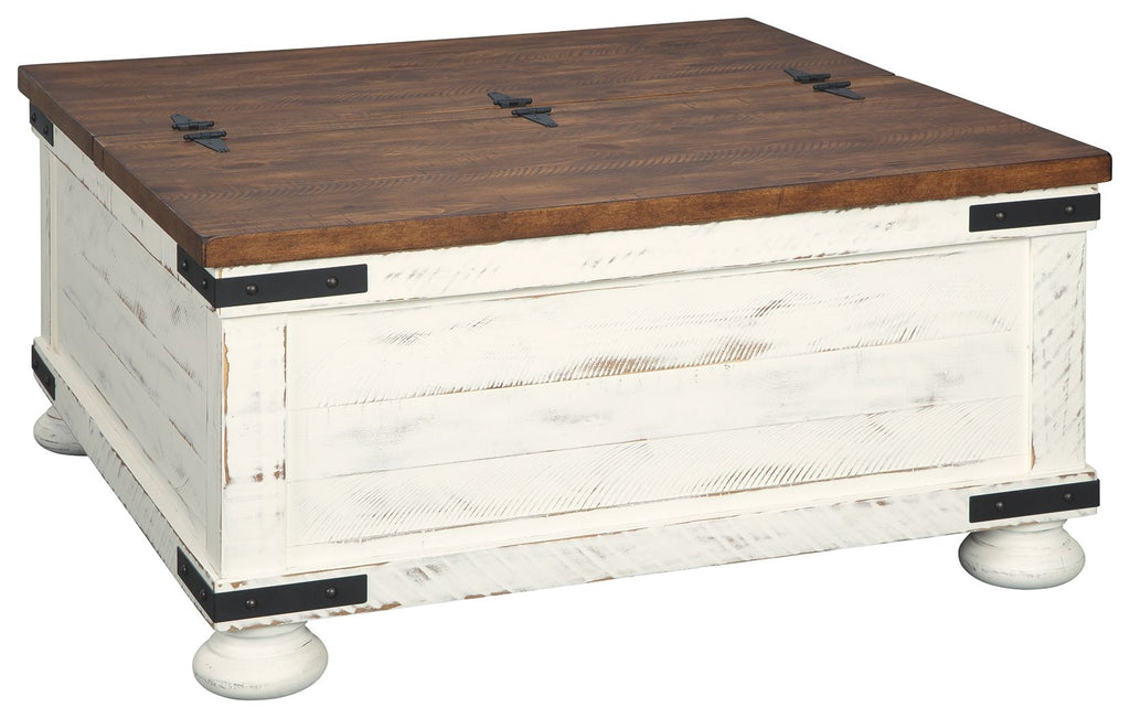 White and brown cocktail table with storage, dark wood top and built-in drawers