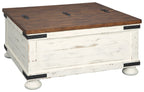 White and brown cocktail table with storage, dark wood top and built-in drawers