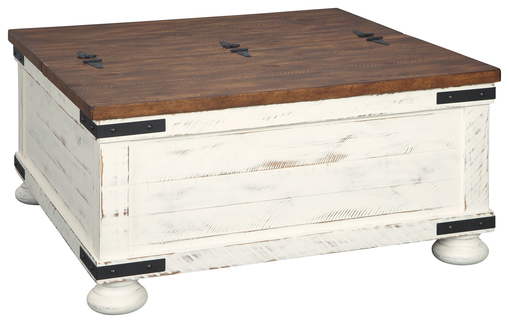 White and brown cocktail table with storage, dark wood top and built-in drawers