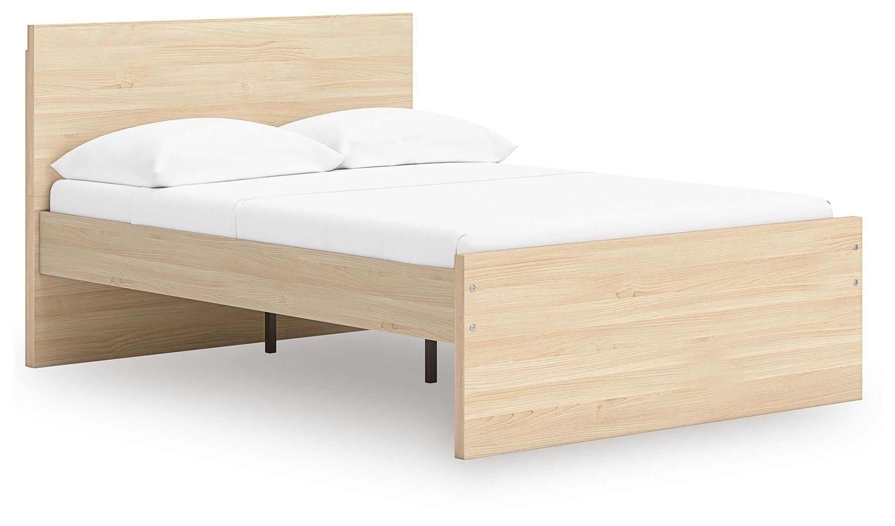 Light brown panel platform bed with open legs and side storage frame