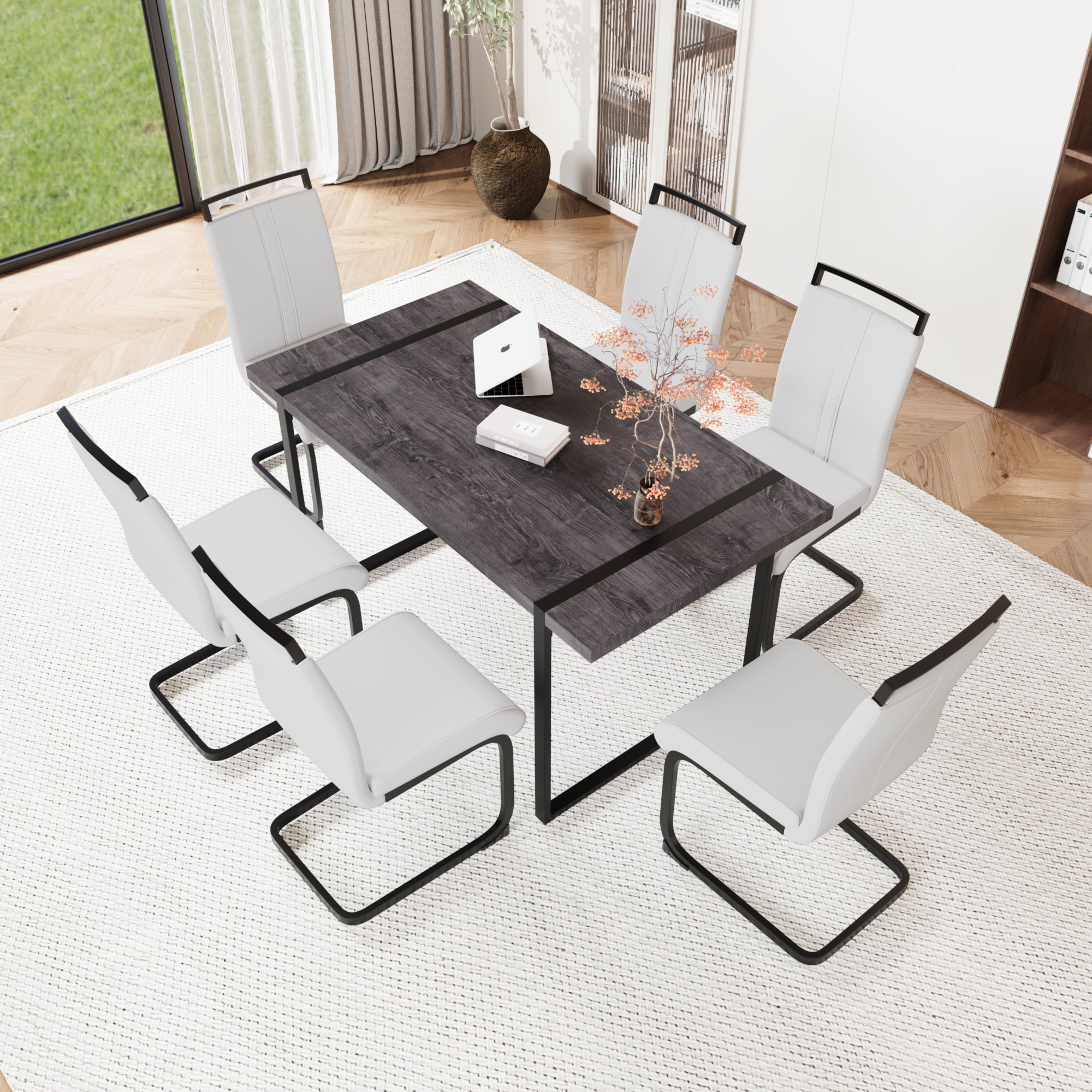 59" Black Dining Table Set for 6, Industrial Kitchen Table