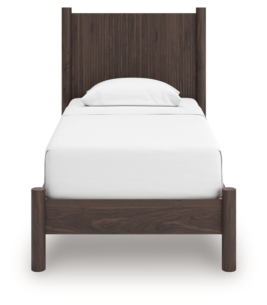 Dark brown panel platform bed frame with white mattress and rounded pillow