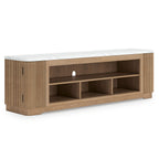 Light brown TV stand with open shelves and two side cabinet doors