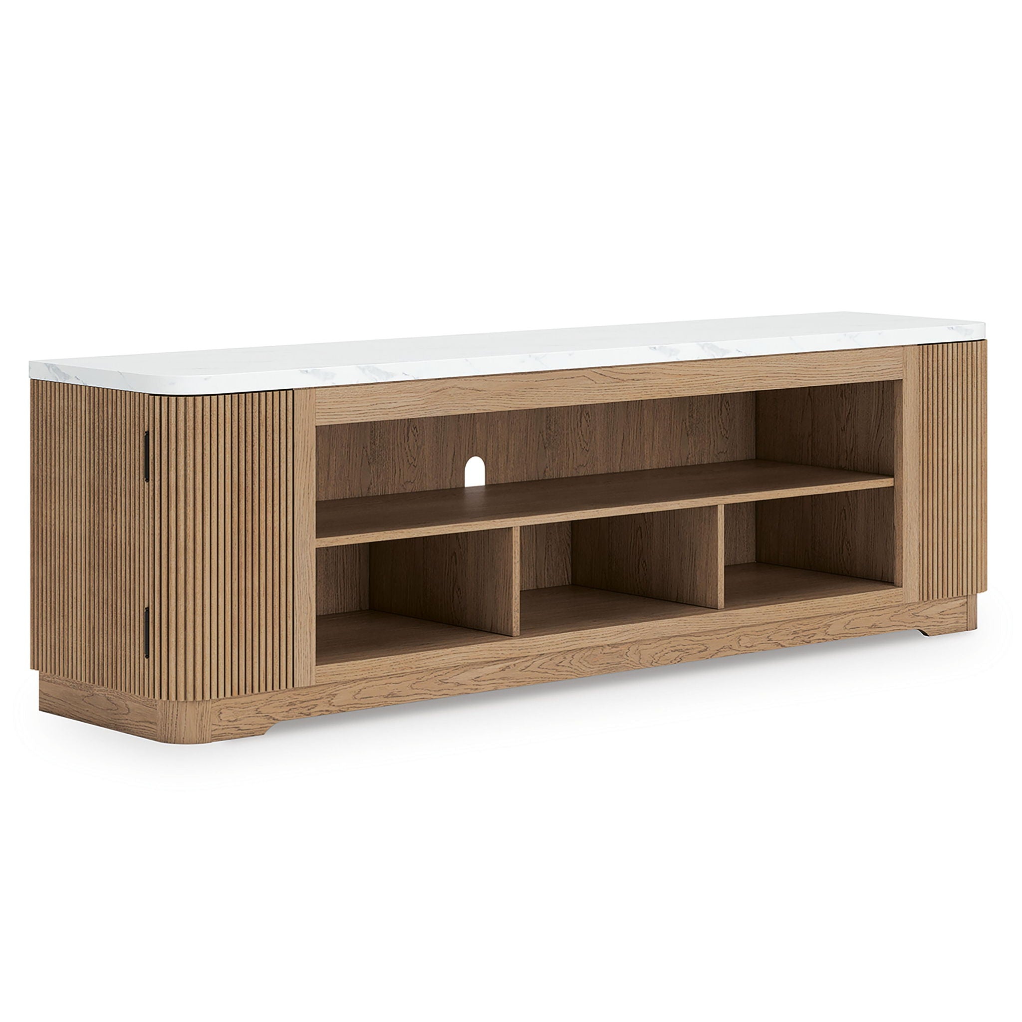 Light brown TV stand with open shelves and two side cabinet doors
