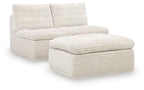 Ivory armless chairs and ottoman set, ribbed fabric with cushioned backrest and ottoman