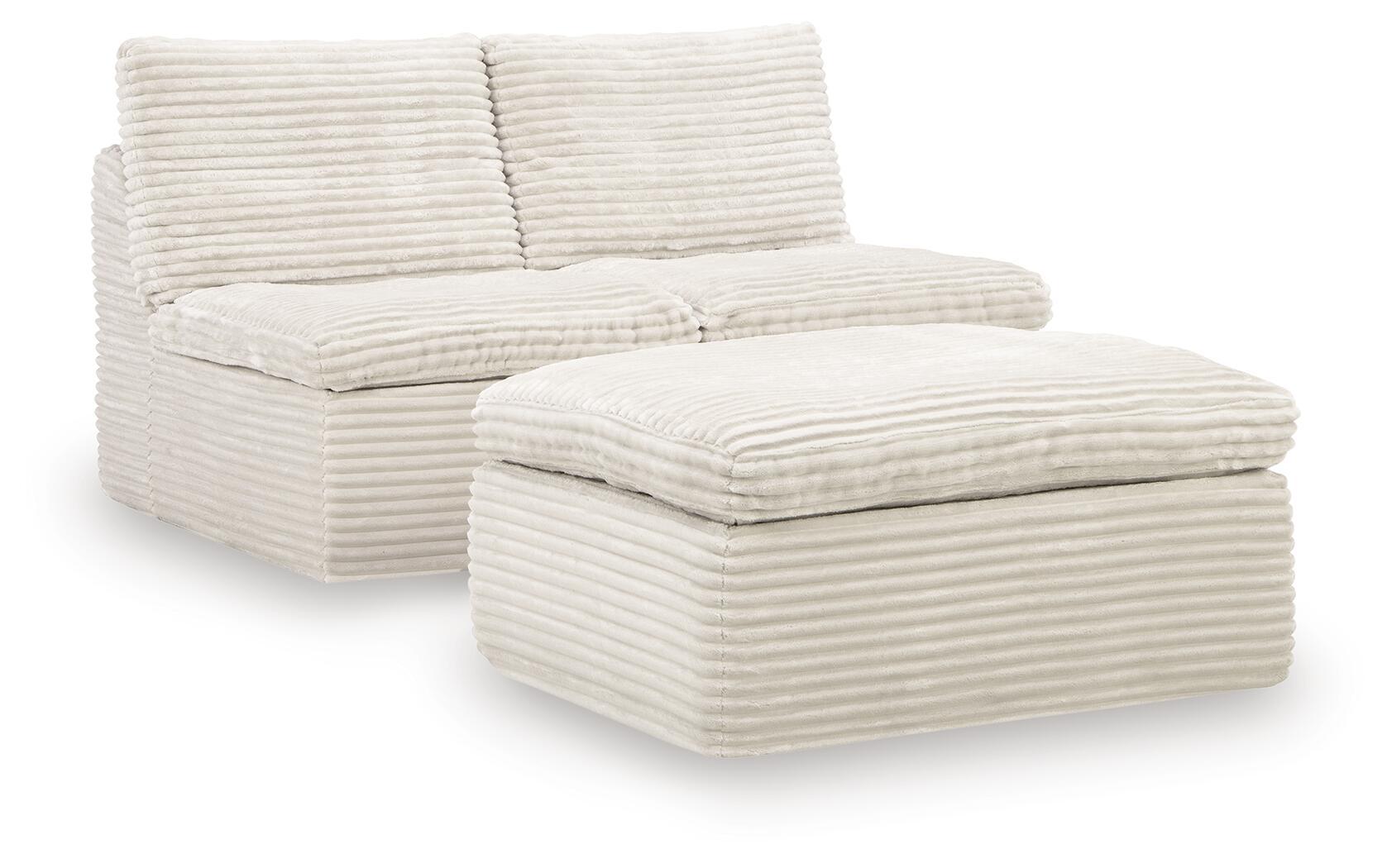Ivory armless chairs and ottoman set, ribbed fabric with cushioned backrest and ottoman