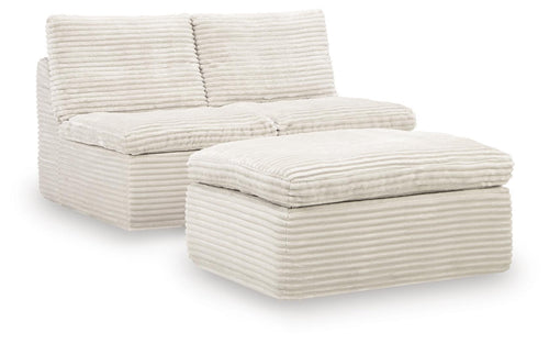 Ivory armless chairs and ottoman set, ribbed fabric with cushioned backrest and ottoman