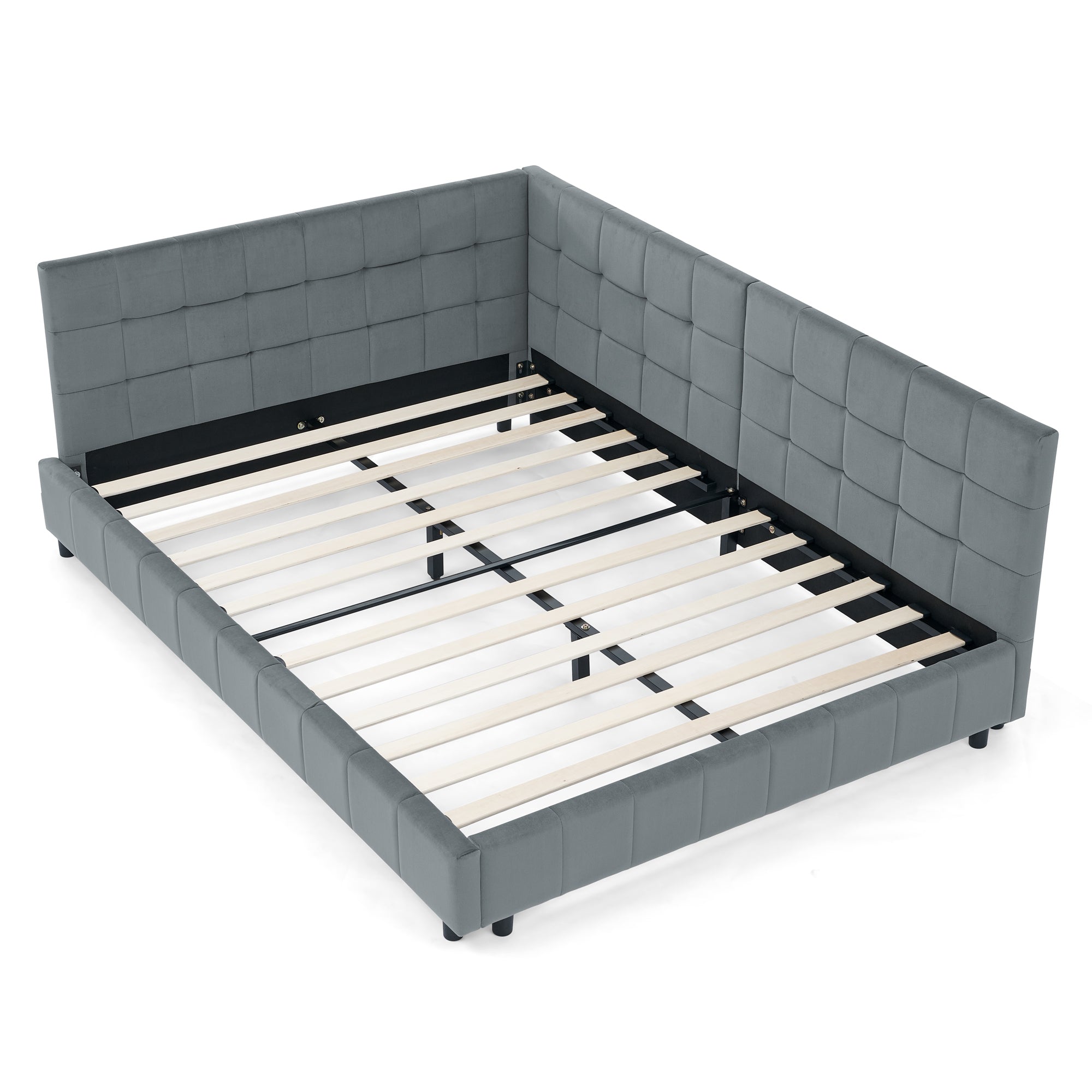 Velvet Grey Full Upholstered Tufted Bed Frame w/Backrest Armrests