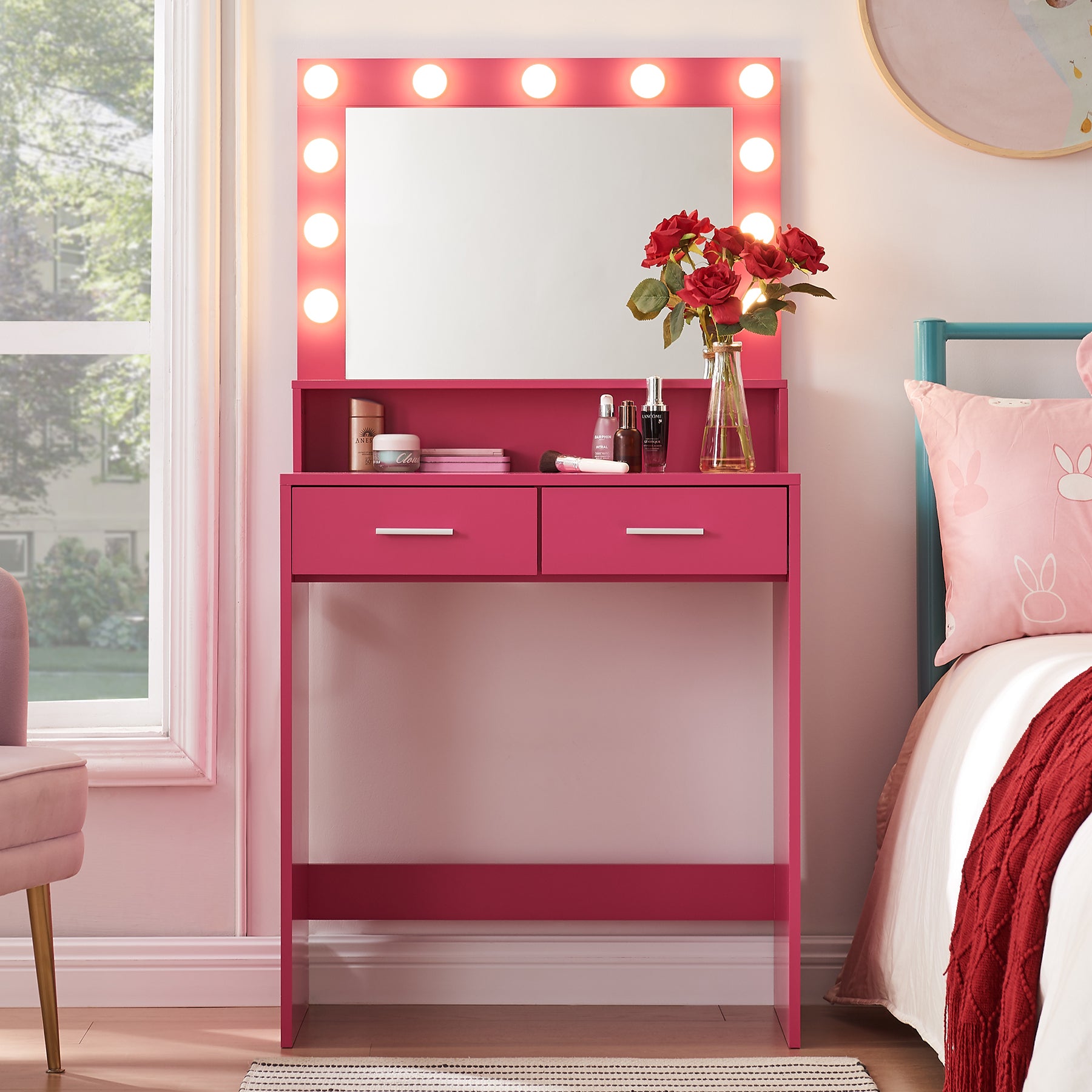 Rose Pink Vanity Desk Dressing Table with Mirror, Lights, Storage