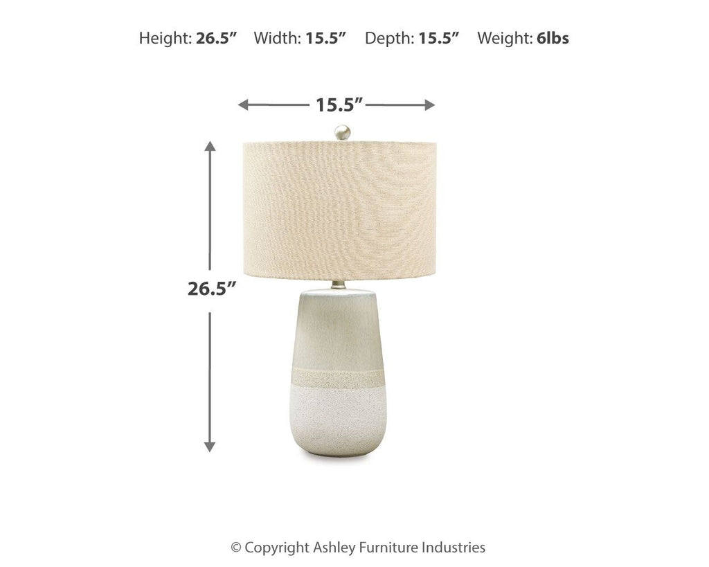 Beige ceramic table lamp with fabric shade; height and width shown in diagram