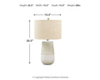 Beige ceramic table lamp with fabric shade; height and width shown in diagram