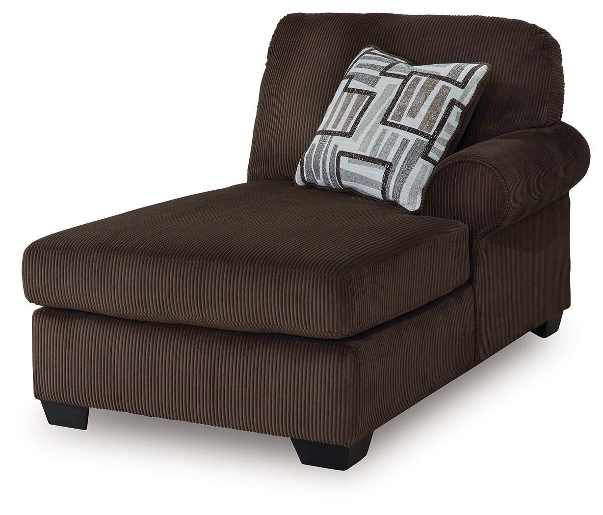 Chocolate brown corner chaise with tufted seat cushion, rounded back, and geometric throw pillow