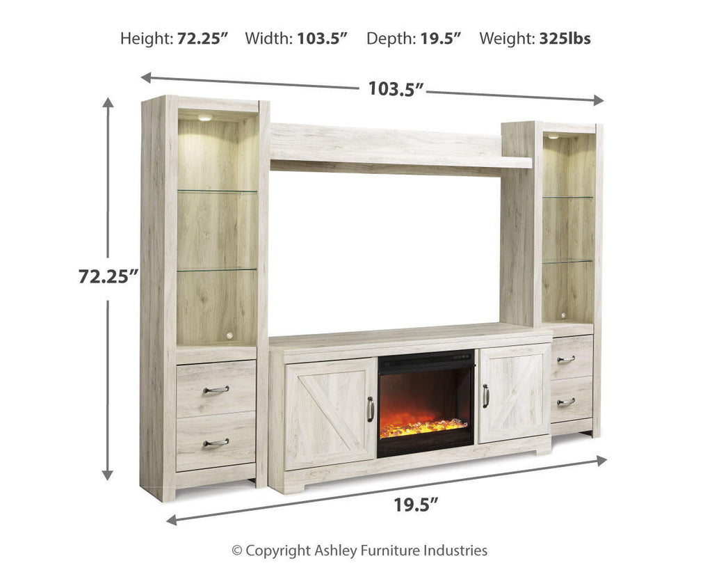 Beige entertainment center with labeled dimensions, open shelves, and glass-front electric fireplace