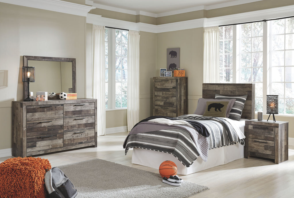 Youth bedroom set, dark gray: panel bed with dresser, nightstand, chest and mirror