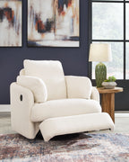 Swivel glider recliner chair in white fabric, padded arms and supportive backrest.