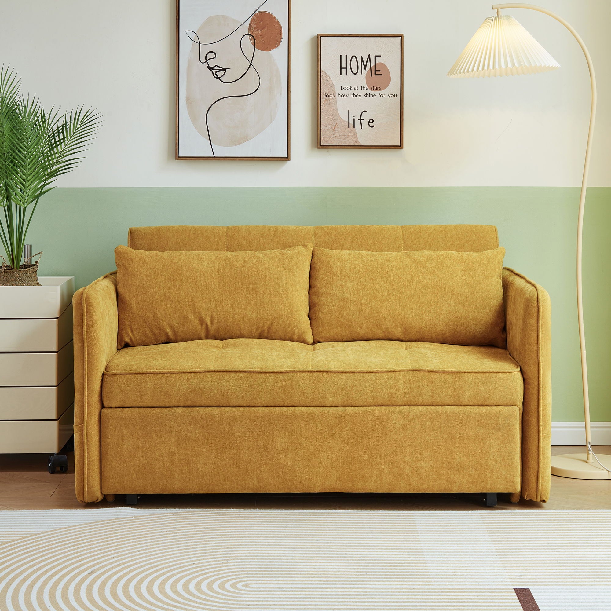 Chenille Fabric Pull-Out Sofa Bed, Sleeper Loveseat Couch With Adjustable Armrests - Yellow