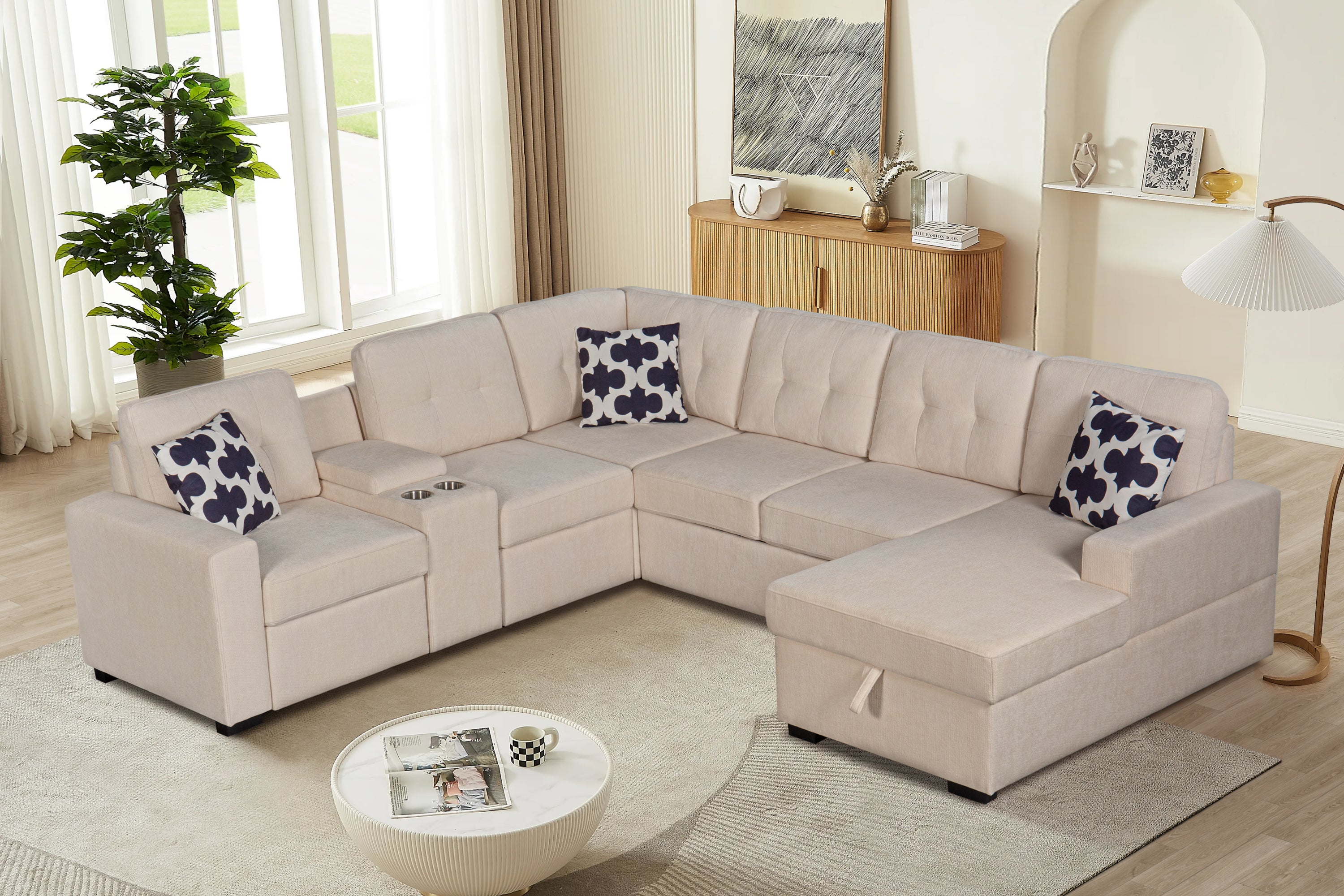 Modular L-Shaped Sectional Sofa with Storage & Cupholders