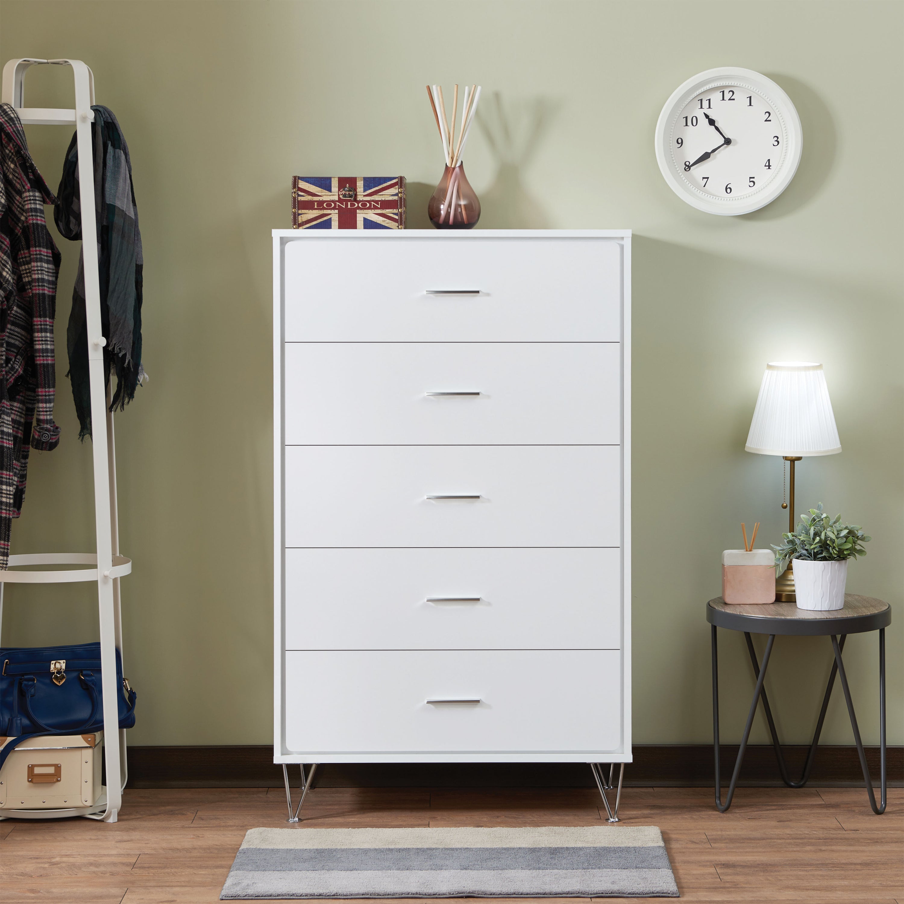 White 5-Drawer Chest with Single Handles Dresser for Bedroom