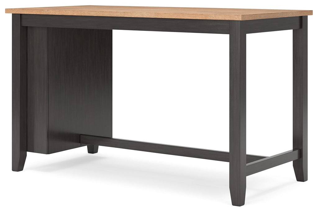 Rectangular dining room counter table with light wood top and dark brown base