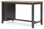 Rectangular dining room counter table with light wood top and dark brown base