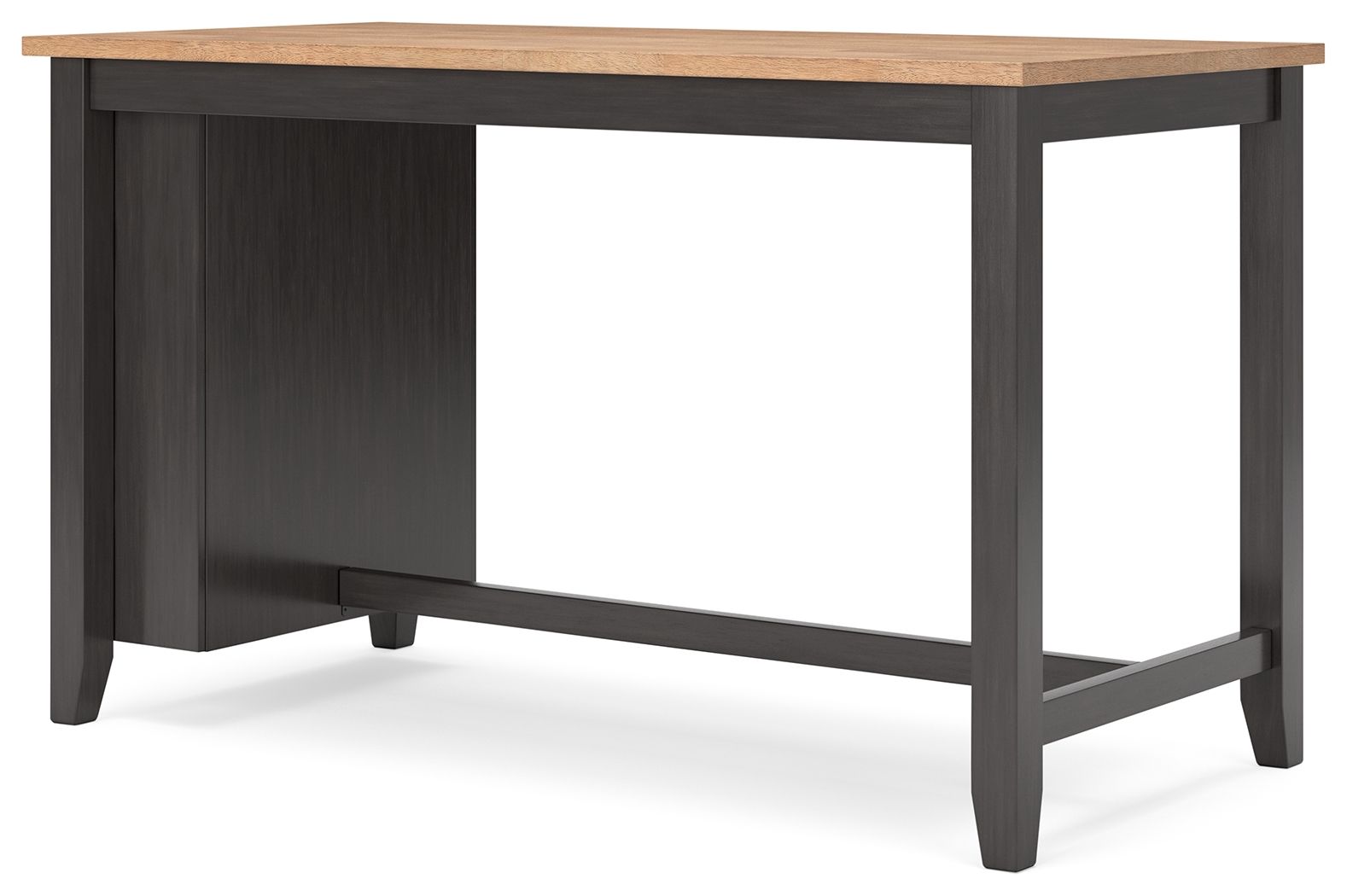 Rectangular dining room counter table with light wood top and dark brown base