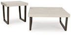 Occasional nesting tables set: light wood-look square tops with dark espresso metal frames