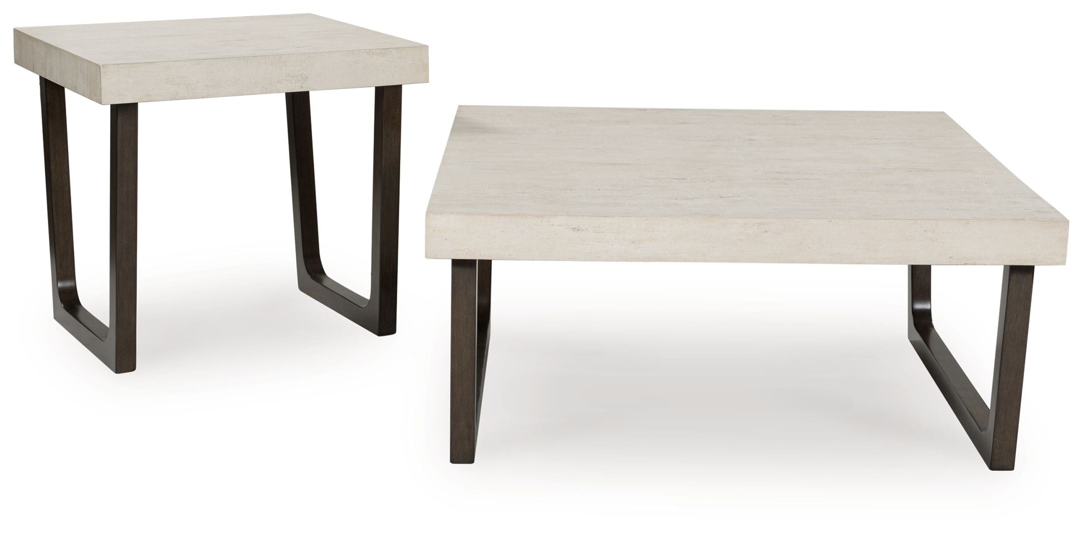 Occasional nesting tables set: light wood-look square tops with dark espresso metal frames