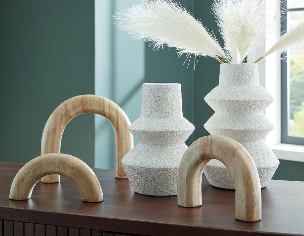 Sculptural decor set with white textured vases and two natural wood arch supports