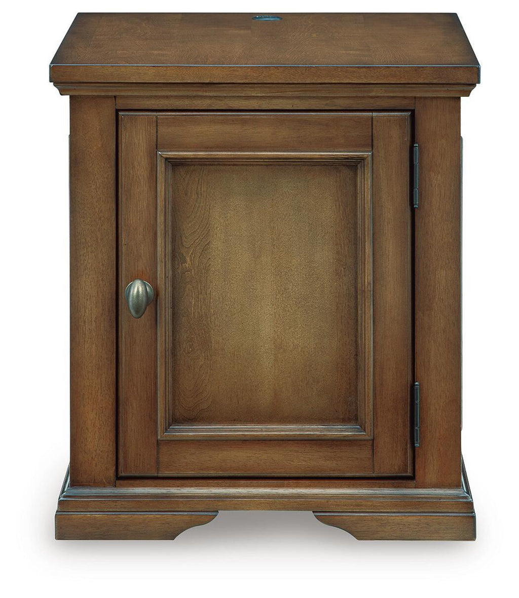 Dark brown wood table with a single cabinet door and metal handle