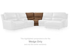 Caramel upholstered sectional wedge with square arms, highlighted at center