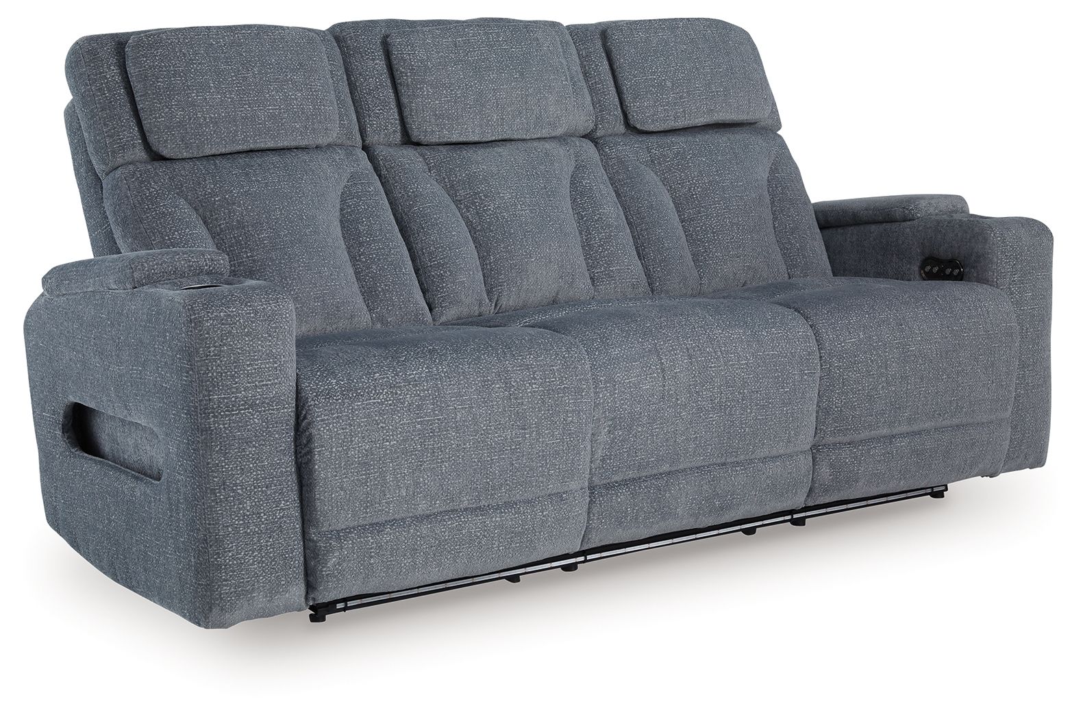 Steel gray power reclining sofa with padded armrests and three seat sections
