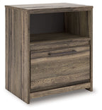 Brown one-drawer night stand with single drawer front and open compartment