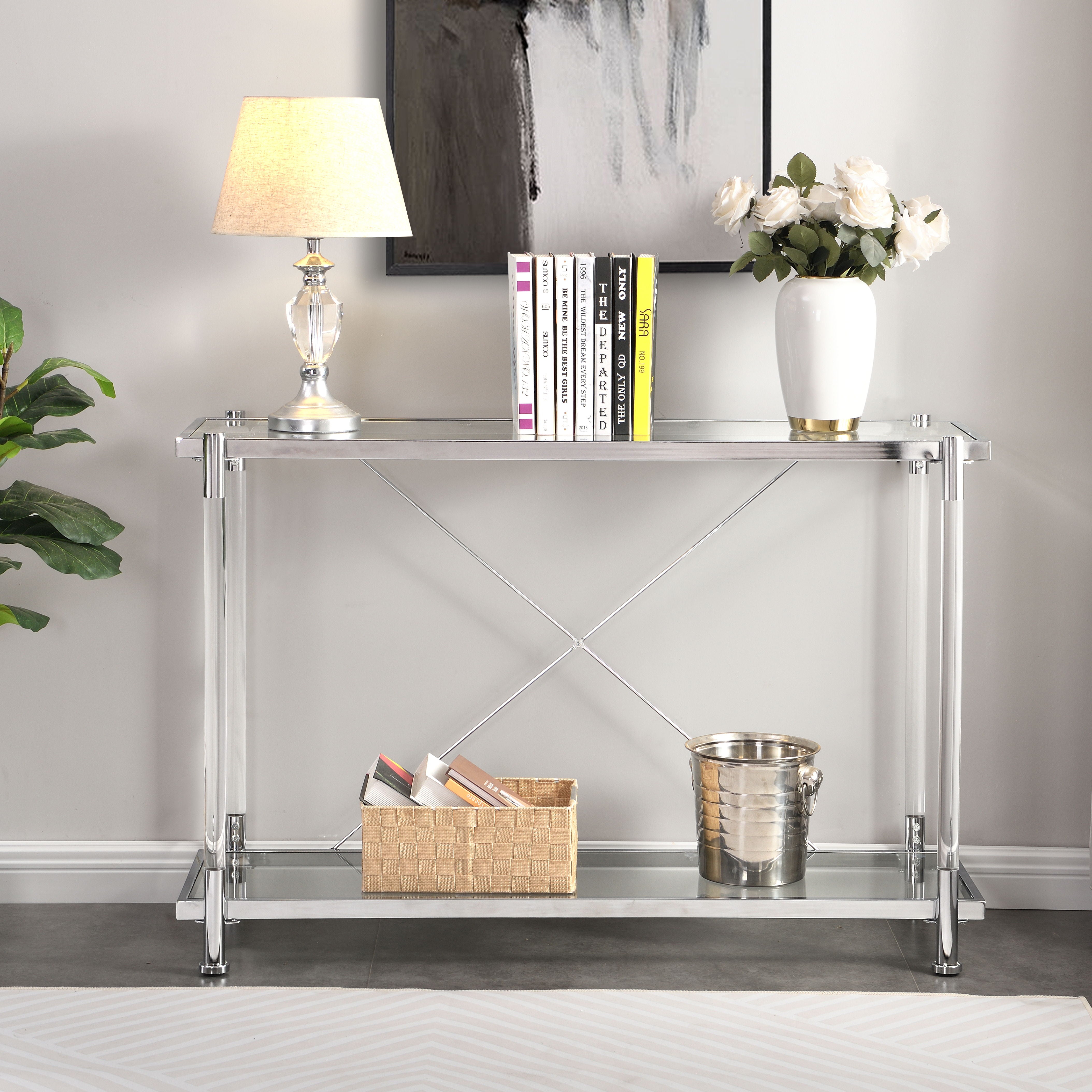 Acrylic Glass Side Table, Chrome Sofa Table, Console Table For Living Room & Bedroom