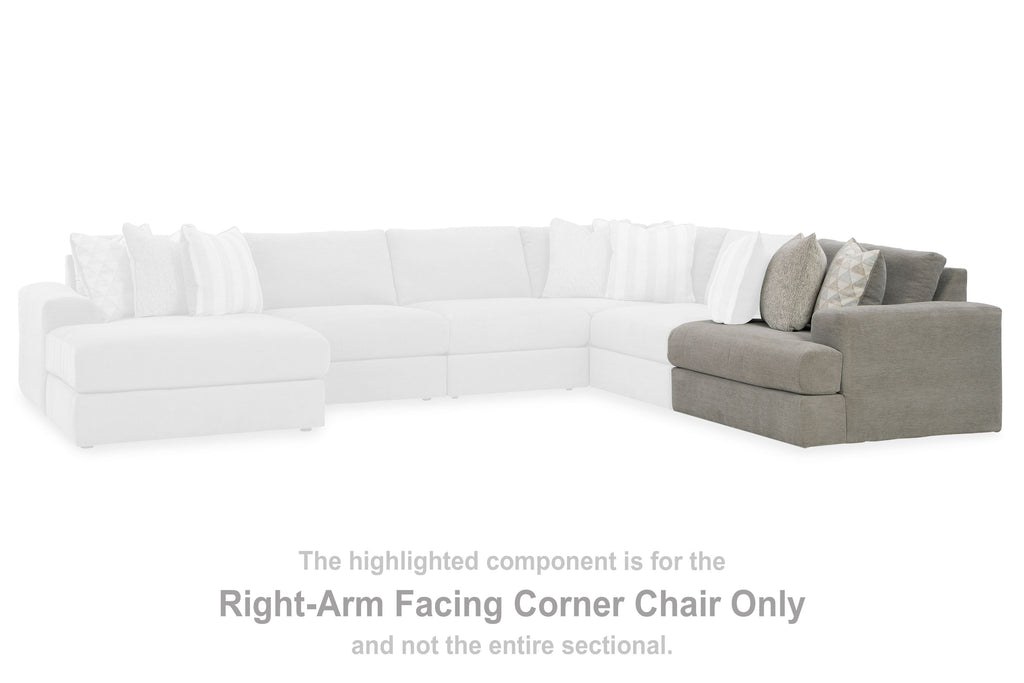 Right-arm facing ash gray corner chair section with stacked back cushions