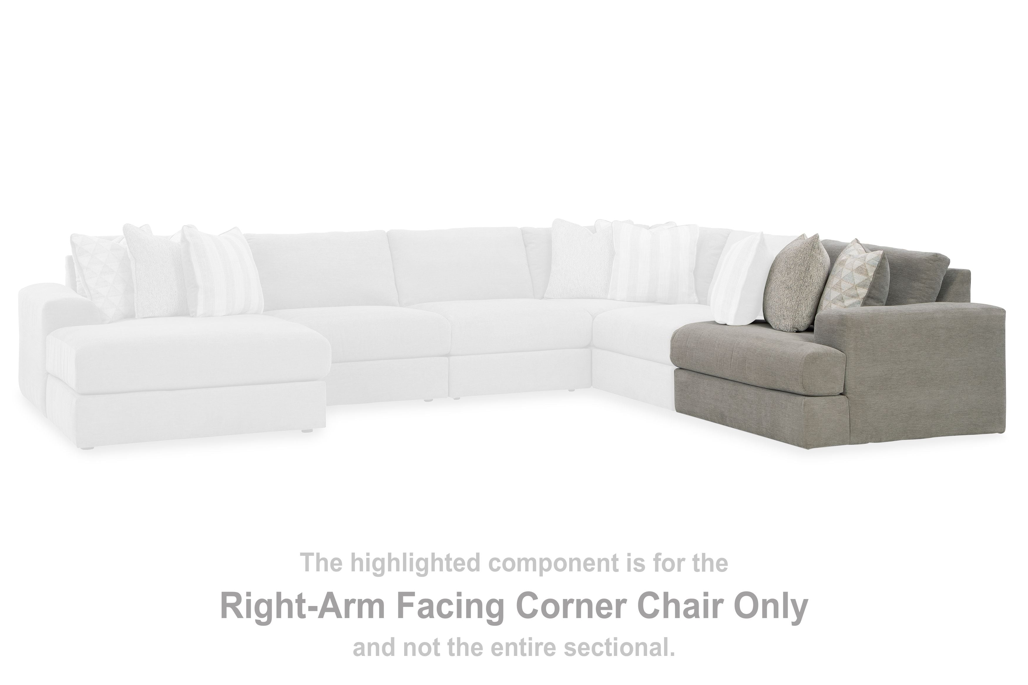 Right-arm facing ash gray corner chair section with stacked back cushions