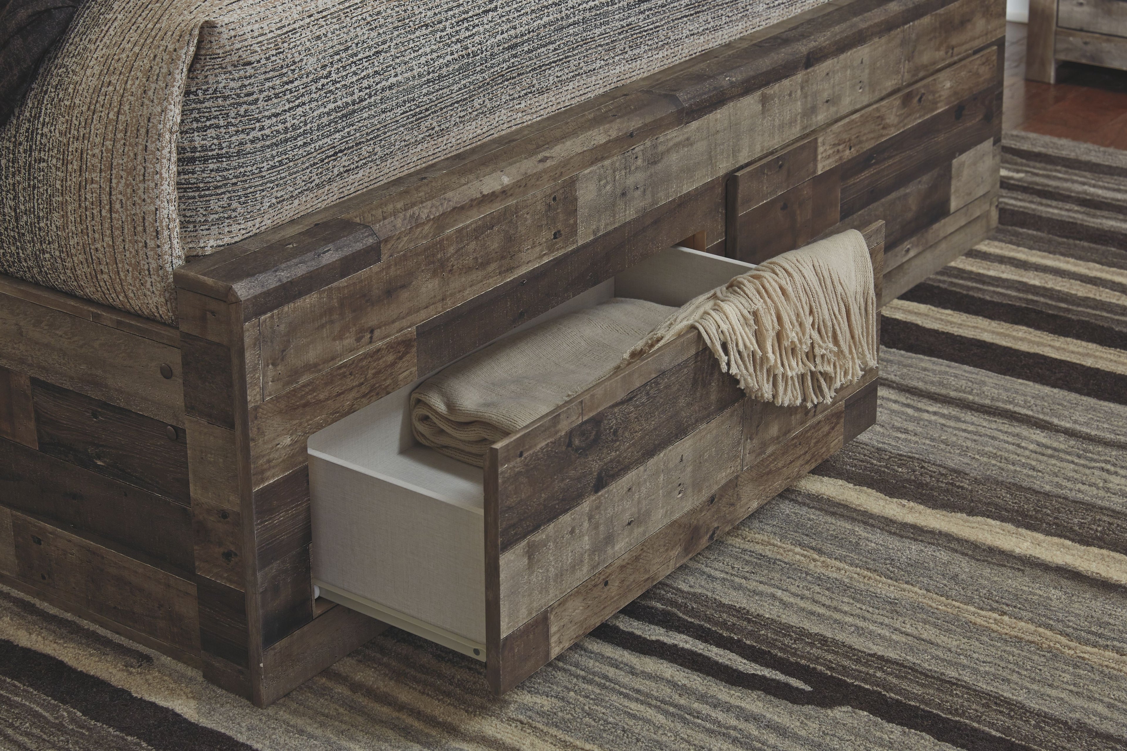 Nightstand drawer fronts with distressed dark wood panel detail