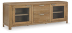 Light brown extra large TV stand with two glass doors and three drawers